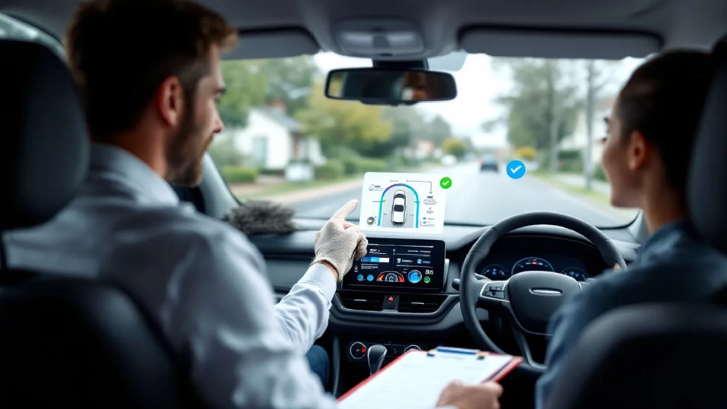 Driving Instructor Explaining Vehicle Display to Student